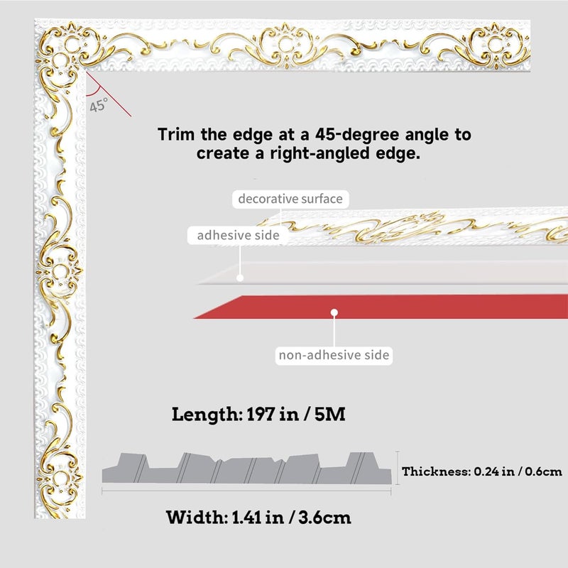Leenevs Flexible Wall Trim, 16.4 Feet Self-Adhesive Peel & Stick Molding, Cabinet Border, Mirror Frame Trim for Home Decor (White & Gold) - Image 2